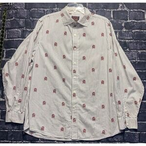 Cremieux Premium Denim Button Down Shirt Men XL White Red Paisley Striped Cotton